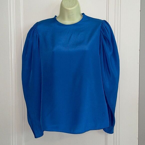 Vintage 80sâroyal blue polyester gathered shoulder long sleeveâblouse - Picture 1 of 9